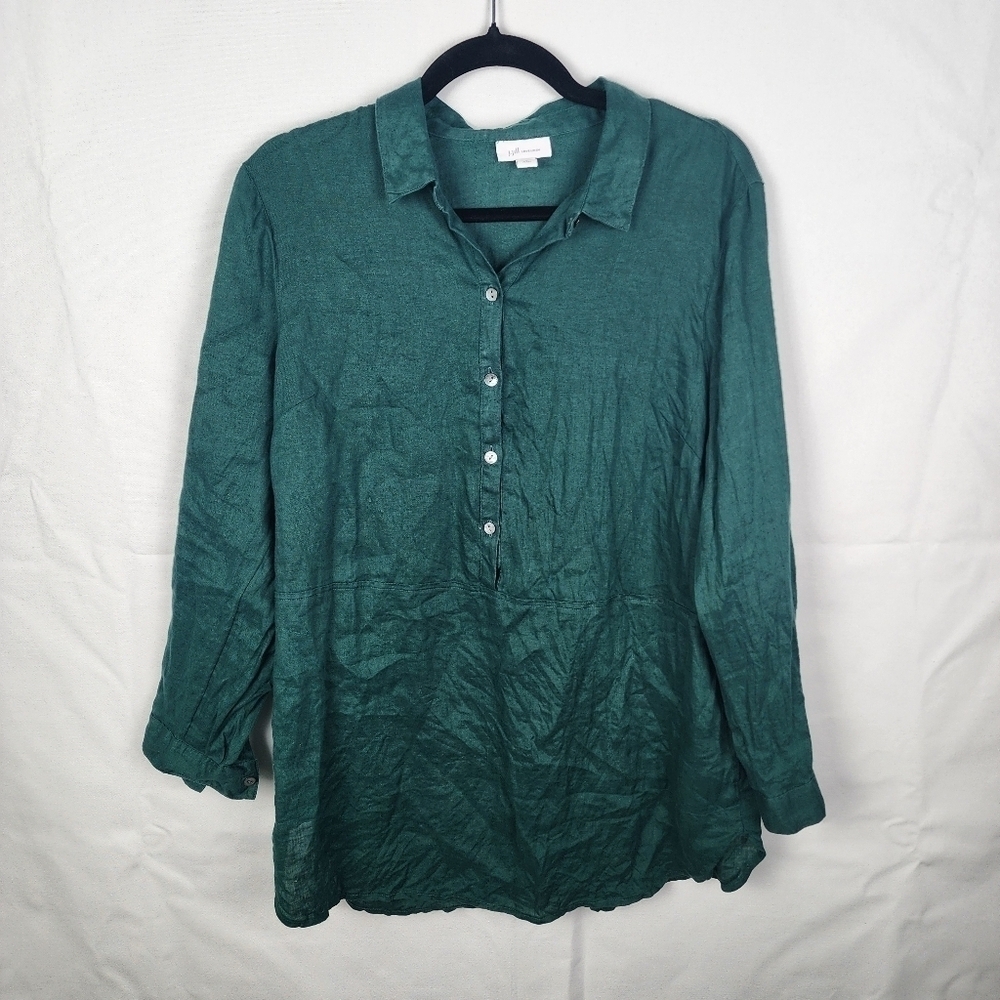 J. Jill Love Linen Dark Green Tunic Blouse Womens Medium Petite‎ 100% Linen